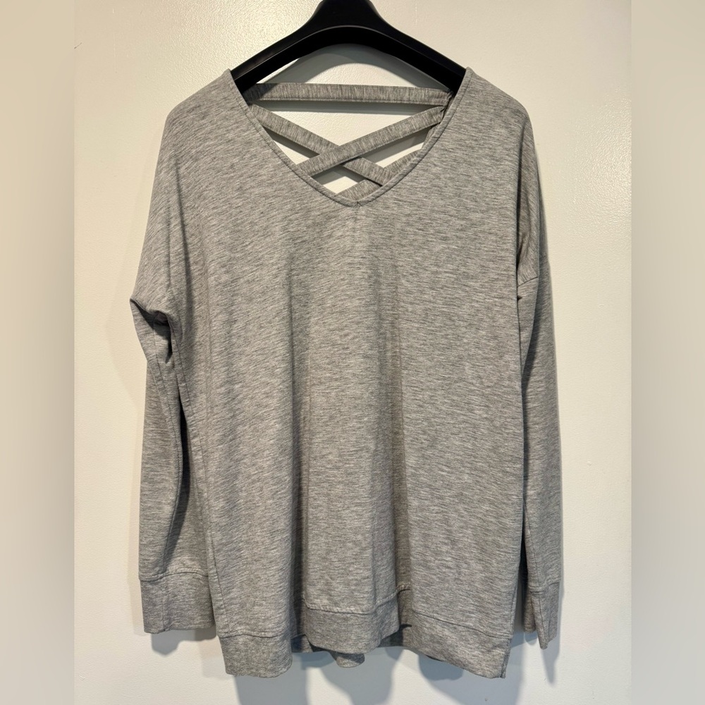 MTA Sport Light Gray Crisscross V-Neck Long Sleeve Top